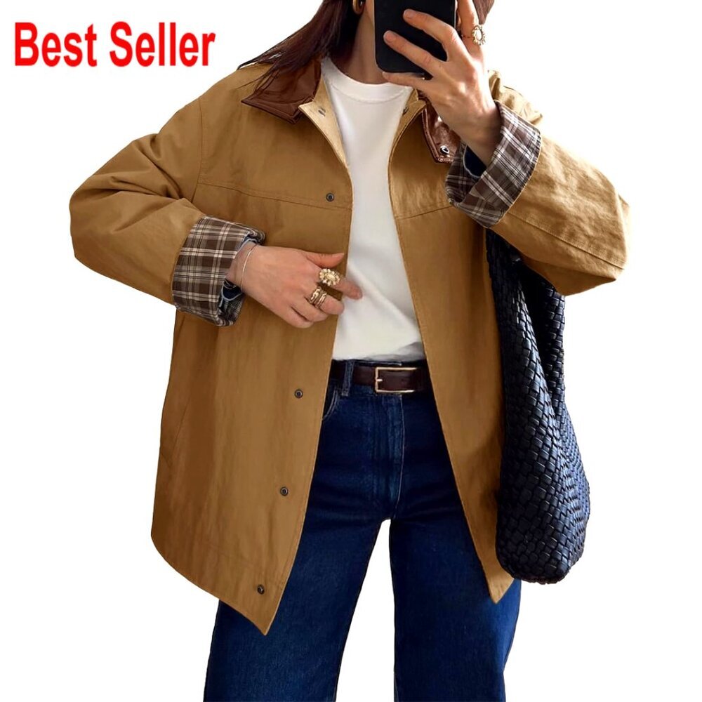 Windproof Polyester Trench Coat with Leather Collar, Oversized Fit